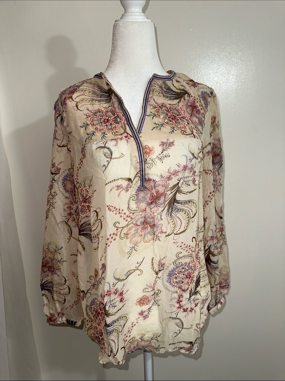 Sundance Cream Floral Boho Blouse with Pink and Purple Detail